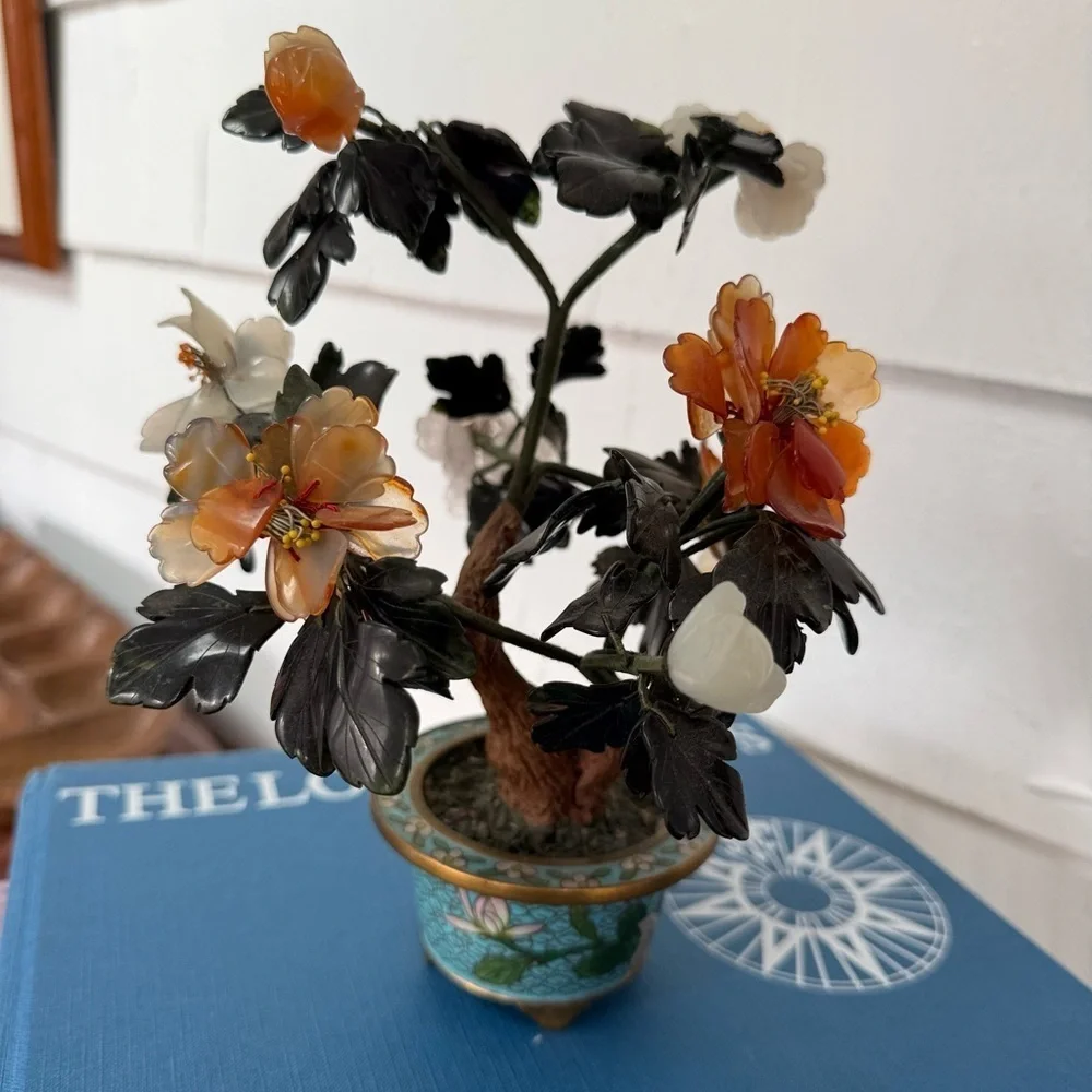 Vintage Chinese Carved Hardstone Flowering Bonsai in a Cloisonne Plant Pot jade
